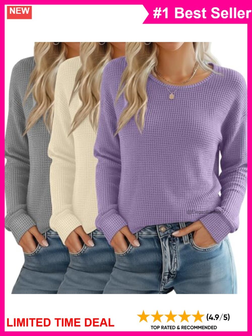 Waffle Knit Long Sleeve Thermal Tops Slim Fit Crew Neck